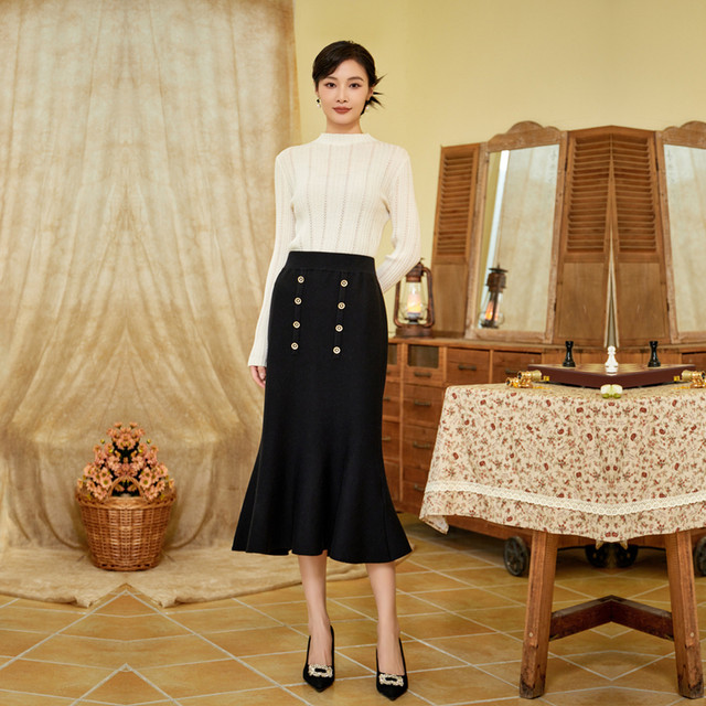 Stubborn 2025 new wool commuter college style breasted fish tail medium length knitted high waist A-line skirt for women
