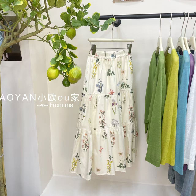 Korean sweet flower a-line elastic waist pleated skirt for women in summer new small sweet midi skirt
