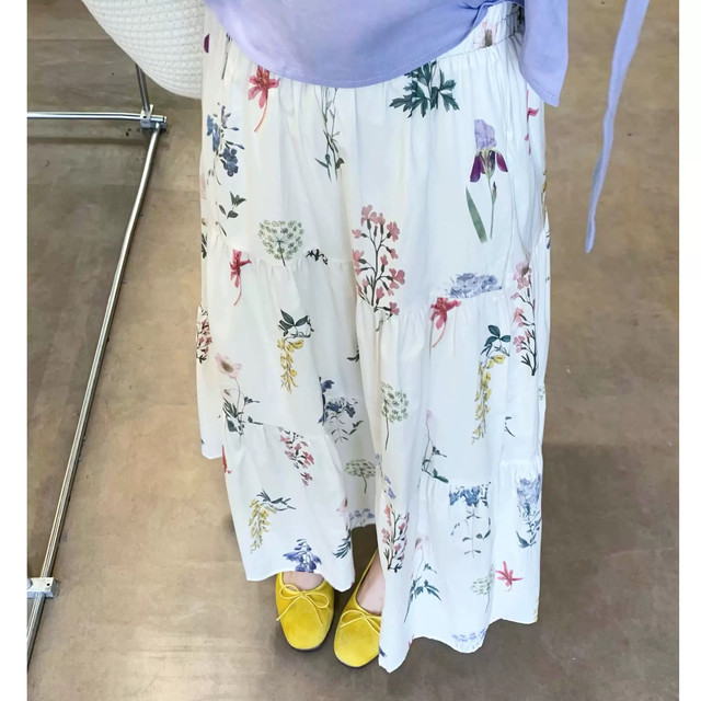 Korean sweet flower a-line elastic waist pleated skirt for women in summer new small sweet midi skirt
