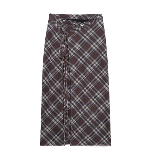 2025 summer American retro hot girl style lace-up plaid skirt makes you look slim and versatile high-waisted hip midi skirt women's skirt