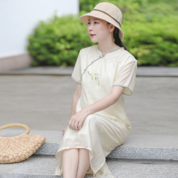 Vintage Chinese acetate modified version of the cheongsam dress 2024 summer new ethnic style embroidery showing thin style long skirt