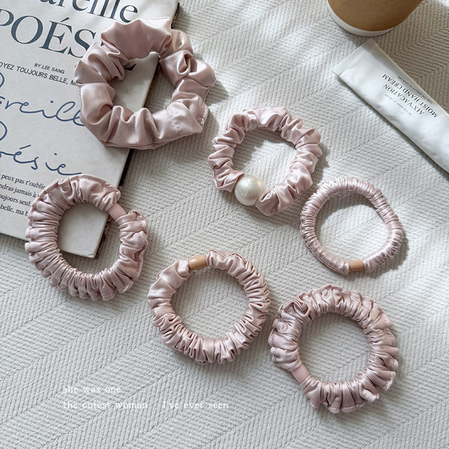 Sweet peach pink pleated round bead hair ring, super soft and non-damaging, hair rope headwear, women's ponytail hair rope rubber band