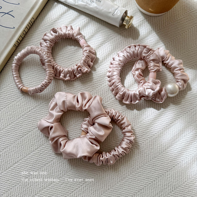 Sweet peach pink pleated round bead hair ring, super soft and non-damaging, hair rope headwear, women's ponytail hair rope rubber band