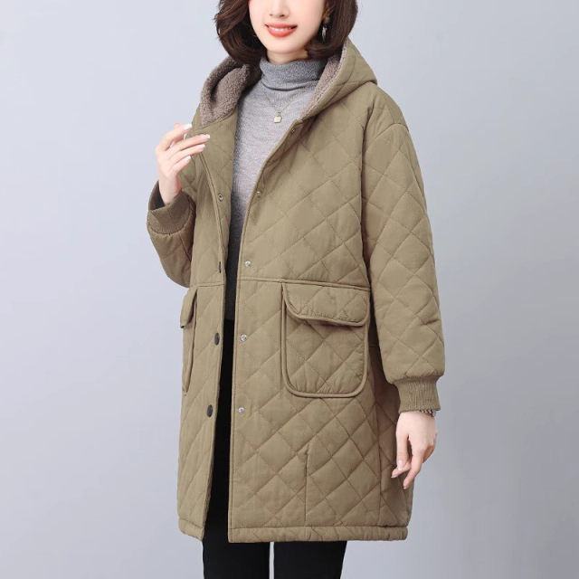Diamond cotton coat for women's mid-length cotton coat with velvet thickened autumn and winter middle-aged mother's cotton coat ~ Clearance special price
