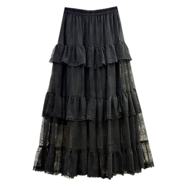 Gentle and sweet lace skirt for women in spring and summer new high-waisted ruffle skirt spliced ​​layered mesh cake skirt