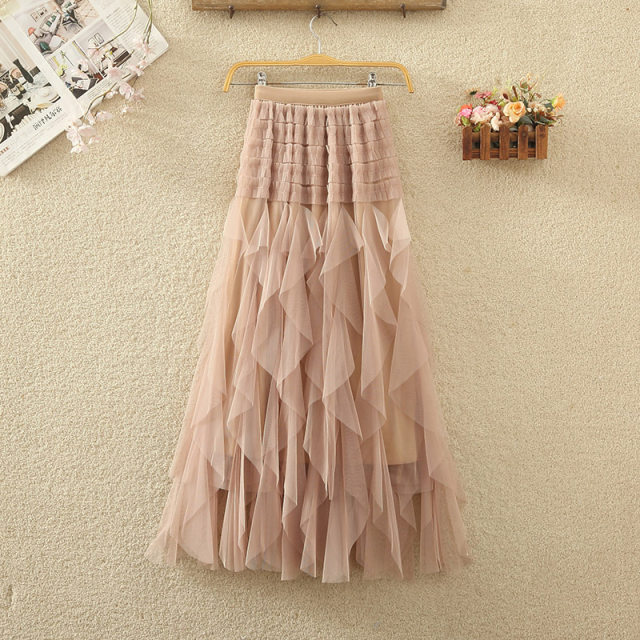 Irregular mesh skirt spring and summer women's new high -waisted puffed lotus leaf cake skirt medium long A -line skirt