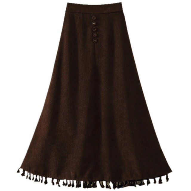 Retro corduroy skirt for women in autumn and winter new high-waisted slim button decorative tassel large a-line sling umbrella skirt