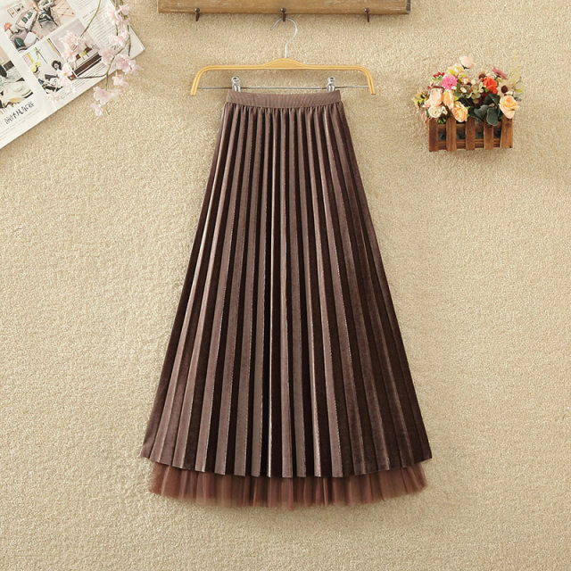 Through -dressed skirt on both sides, spring and summer, women's high -waisted beaded pleated skirt A -line medium long net yarn skirt
