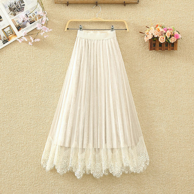 Golden velvet pleated skirt women's spring and autumn retro waist tight waist is thin and versatile A -line lace mesh mid -length skirt