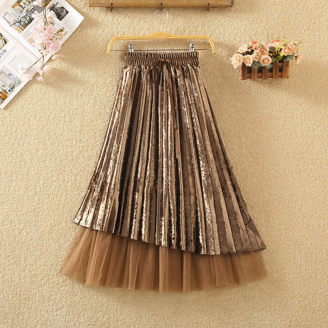 Spring and autumn Korean version of high waist is thin and sweet, sweet net gauze, golden velvet skirt in the long fairy skirt in the middle of the golden velvet skirt