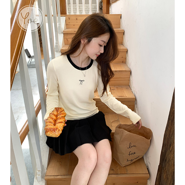 Yoe bow contrast color round neck casual long-sleeved T-shirt women's base shirt spring new slim gray top for women