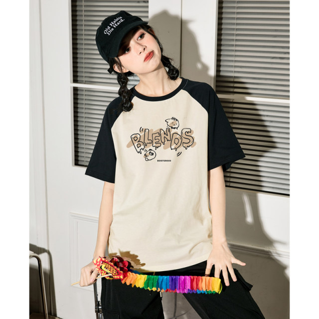 Tang Lion's 24 -year summer new top female funny animal graffiti loose and inserted shoulder sleeve short -sleeved T -shirt sz

