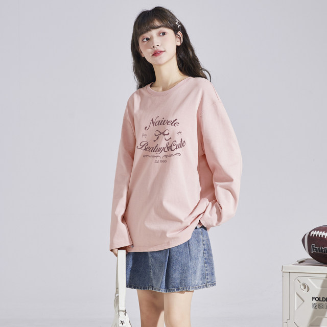Tangshi 2024 autumn new women's long-sleeved T-shirt loose round neck sweet top pink pure cotton inner base qc
