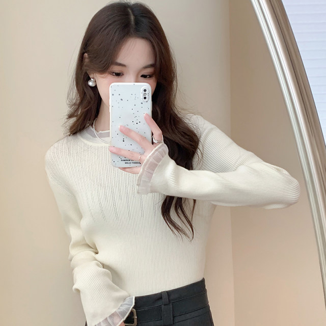 Tangshi sweater women's inner wear 2024 autumn and winter new style half turtleneck splicing bottoming shirt Maillard top white