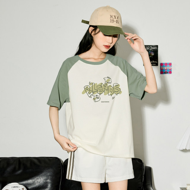 Tang Lion's 24 -year summer new top female funny animal graffiti loose and inserted shoulder sleeve short -sleeved T -shirt sz
