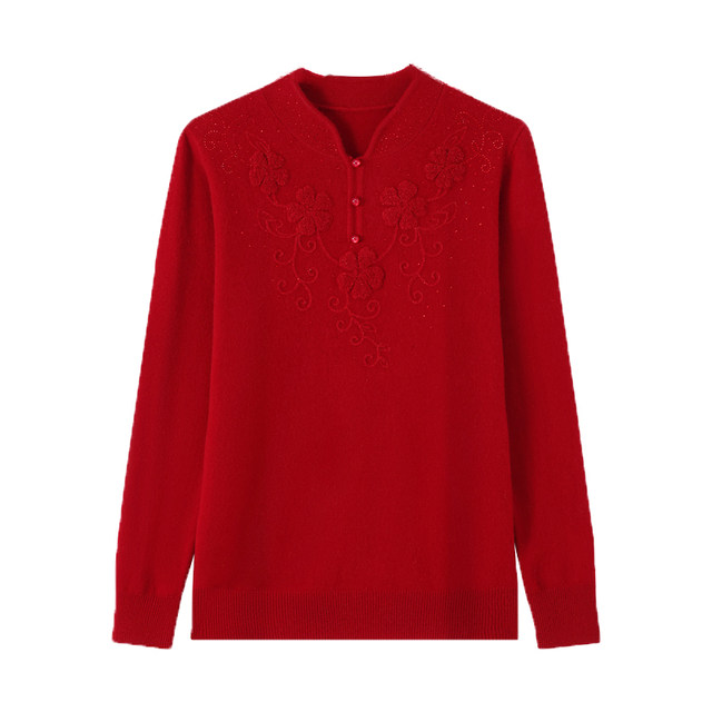 Hengyuanxiang Group Caiyang Mama's new 100% wool sweater middle-aged and elderly red sweater women's base layer sweater