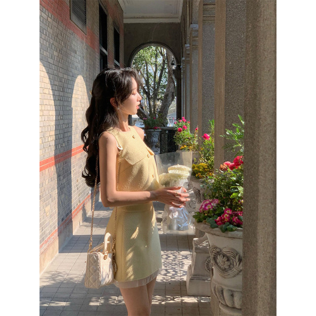 Korean Yulin Xiaoxiangfeng A-line skirt for women 2025 new spring and summer high-waist short skirt yellow spliced ​​short skirt