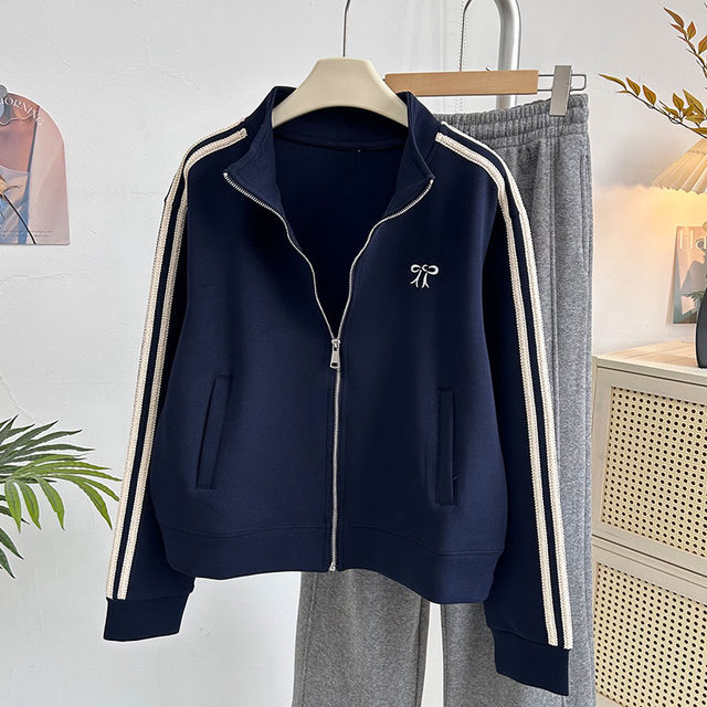 Korean style wear bow zipper sweatshirt jacket stand collar baseball uniform casual sports long sleeve striped cardigan women's spring