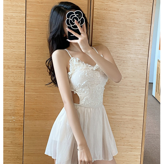 Korean Ins summer new sexy hot girl slimming belly lace strap skirt one-piece swimsuit hot spring swimsuit