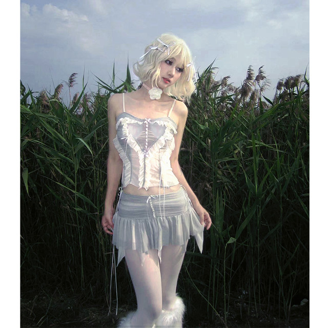 FabGirls Wandering Girls Mesh Splicing Irregular Low-Wait Skirt Niche Retro Millennium Miniskirt
