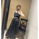Avocadong black high -waisted skirt A -line long irregular long skirt design drawing half -bodies skirt