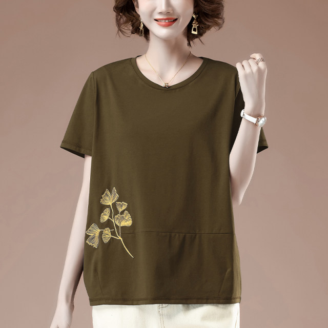 Short -sleeved T -shirt women in summer plus fertilizer, increase women's loose middle -aged mother embroidered casual cotton thin and thin