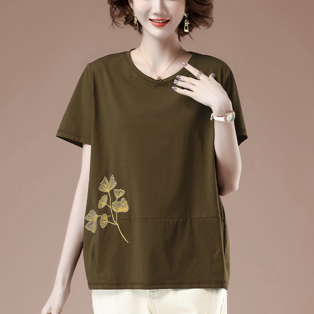 Short -sleeved T -shirt women in summer plus fertilizer, increase women's loose middle -aged mother embroidered casual cotton thin and thin