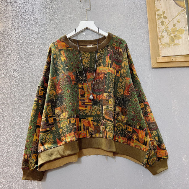 Personalized sweatshirt for women 2024 spring new loose large size retro printed terry cotton round neck ladies top