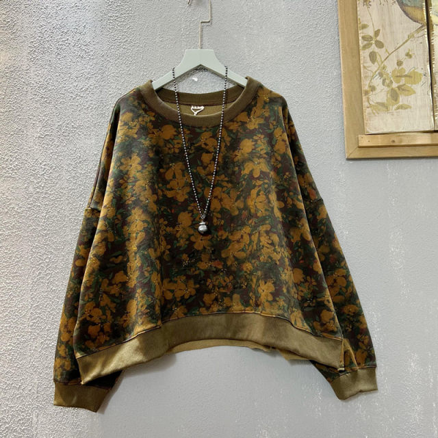 Personalized sweatshirt for women 2024 spring new loose large size retro printed terry cotton round neck ladies top