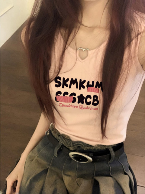 Girls sweet pink vest suspender women's summer outerwear design sense hollow letter printing slim fit sleeveless short top