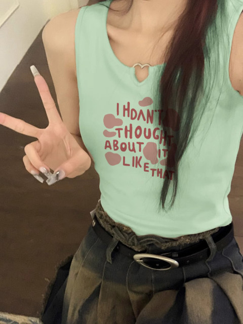 Girls sweet pink vest suspender women's summer outerwear design sense hollow letter printing slim fit sleeveless short top