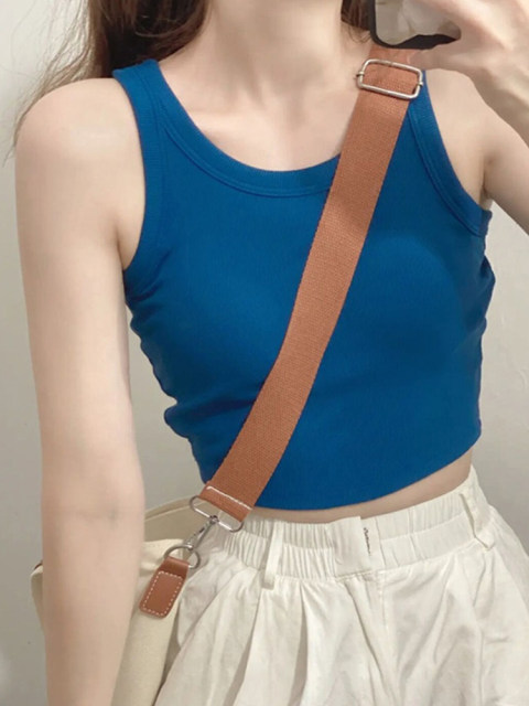 Blue threaded suspender vest for women with summer hot girl with breast pads, beautiful back and wore a navel-exposed short top