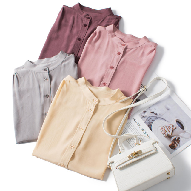 Small stand-up collar Hangzhou silk top for women 2021 new long-sleeved solid color mulberry silk shirt versatile loose spring clothes
