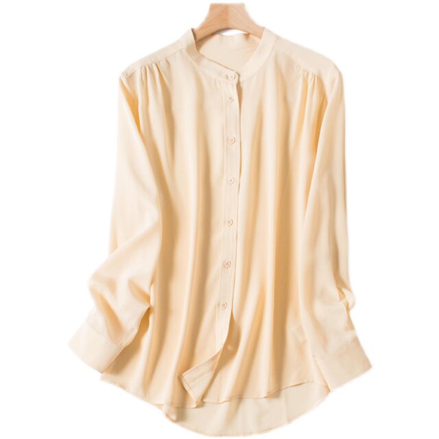 Small stand-up collar Hangzhou silk top for women 2021 new long-sleeved solid color mulberry silk shirt versatile loose spring clothes