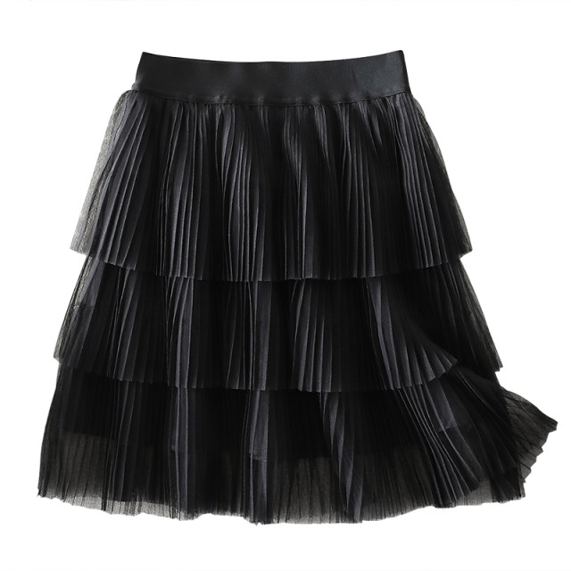 Pleated mesh cake skirt women's summer French high -waisted A -shaped thin versatile age reduction small short skirt