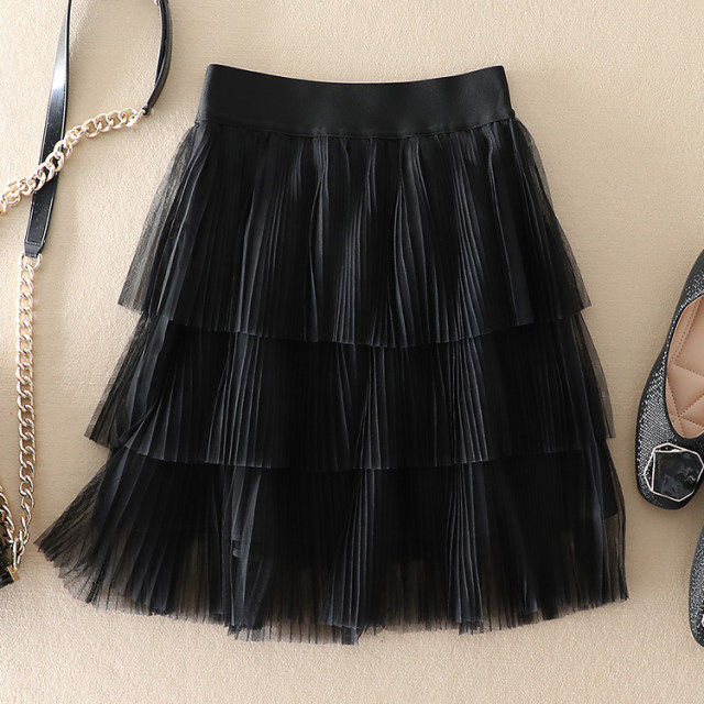 Pleated mesh cake skirt women's summer French high -waisted A -shaped thin versatile age reduction small short skirt