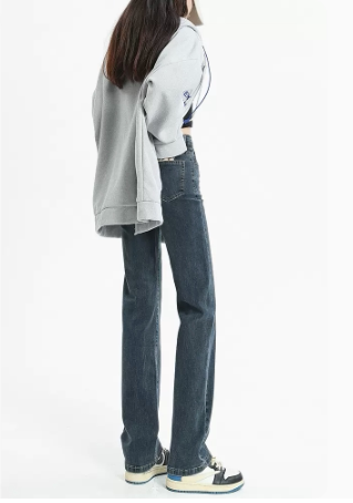 Blue and gray straight-leg jeans for women, high-waisted and slim, 2025 spring and autumn new floor-length cigarette pants plus velvet narrow version wide-leg pants