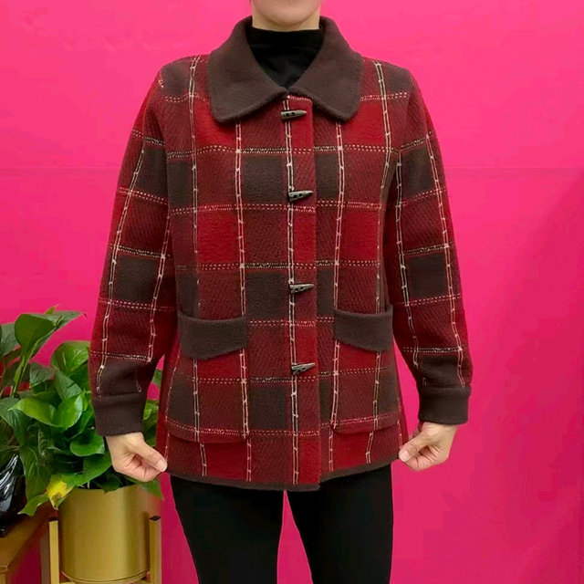 Mother's clothing autumn and winter thickened plaid coat fashionable style lapel loose large size knitted cardigan sweater coat