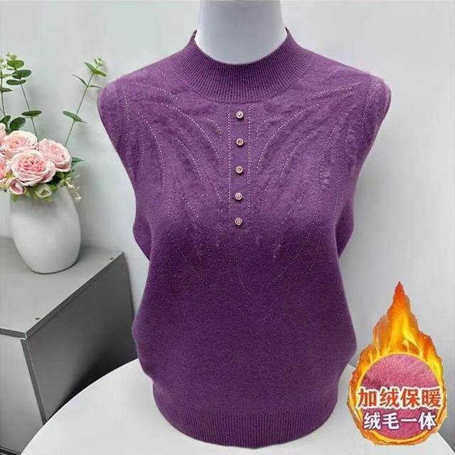 
Autumn and winter pullover long-sleeved tops for middle-aged and elderly mothers, all-in-one velvet bottoming woolen sweater with thickened sweater inside