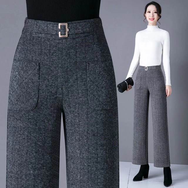 Autumn and winter nine-point straight pants plus velvet and thickened woolen warm wide-leg pants high-waisted large size stretchy loose mom pants