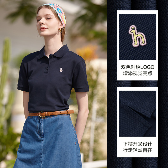 Hazzys Polo shirt for women 2025 summer new solid color casual short-sleeved T-shirt fashion lapel top