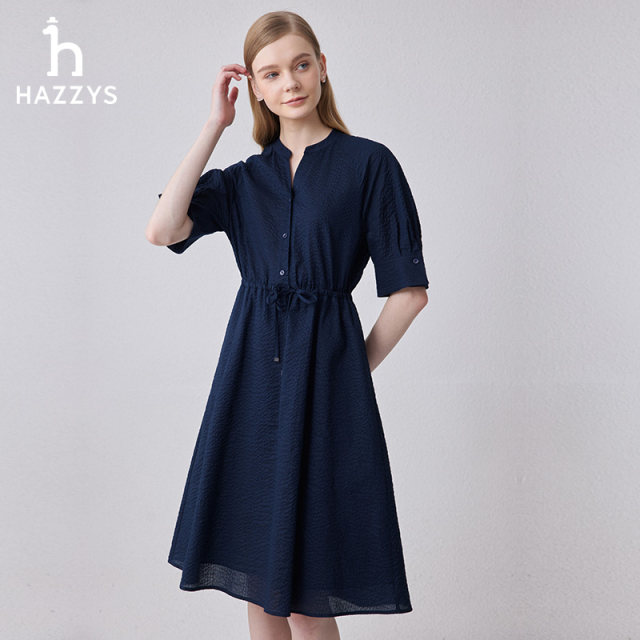 
Hazzys summer bubble yarn clean color V-neck short-sleeved dress simple trendy and casual women's style