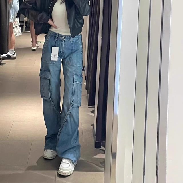 2025 Spring new style women's clothing straps workwear mid-waist jeans straight trousers8197237 807