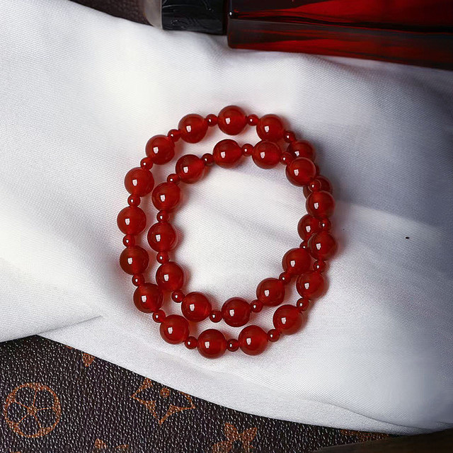 Star Zhao Lusi's same style natural red agate round bead two-circle bracelet Women's agate chalcedony bracelet gift