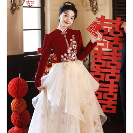 Toasting Bride 2023 New Autumn and Winter New Chinese Cheongsam Engagement Wedding Dress Female Red Backdoor Superior