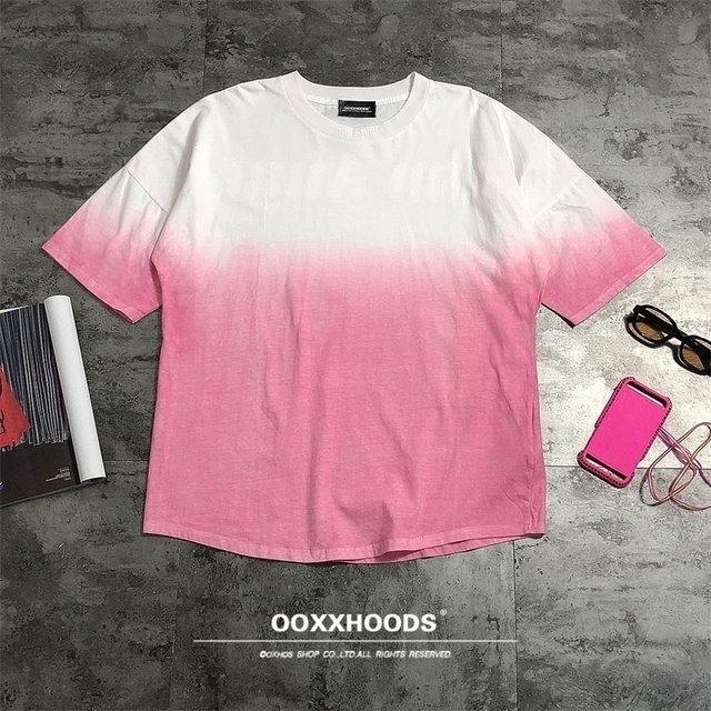 Finished work tie-dye gradient cherry blossom pink foam printed loose body os boyfriend bf lazy yuppie high street T-shirt