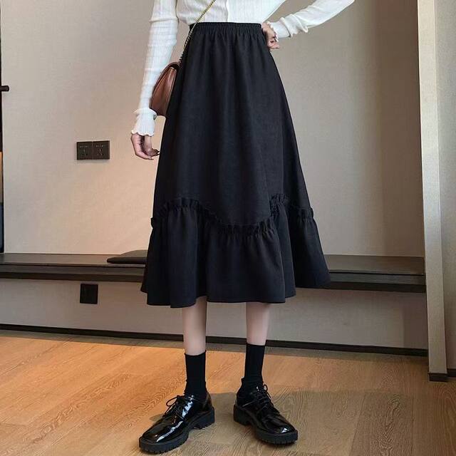 Retro cake skirt black skirt autumn and winter women's long skirt small Japanese skirt Mori A-line skirt spring and autumn