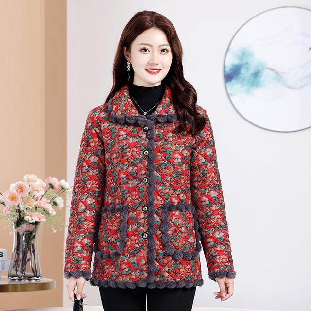 
Western Mom's Plush Cotton Jacket 2024 Winter Women's Floral Thickened Jacket Loose Cotton Clothes Grandma's Warm Cotton Clothes
