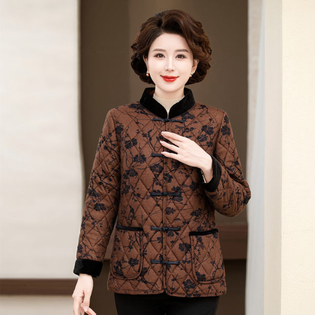 Mom's autumn and winter clothes cotton coat jacket middle-aged and elderly women's loose warm plaid top stand collar cotton coat silk cotton jacket
