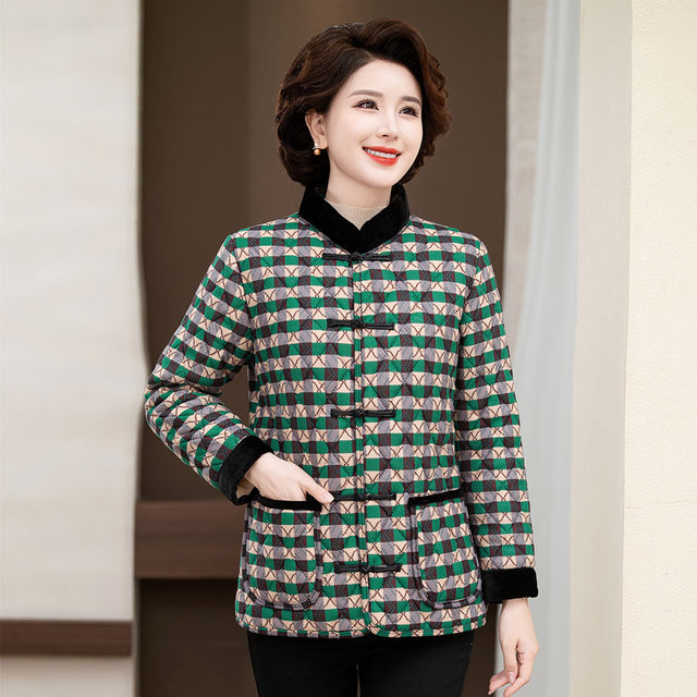 Mom's autumn and winter clothes cotton coat jacket middle-aged and elderly women's loose warm plaid top stand collar cotton coat silk cotton jacket